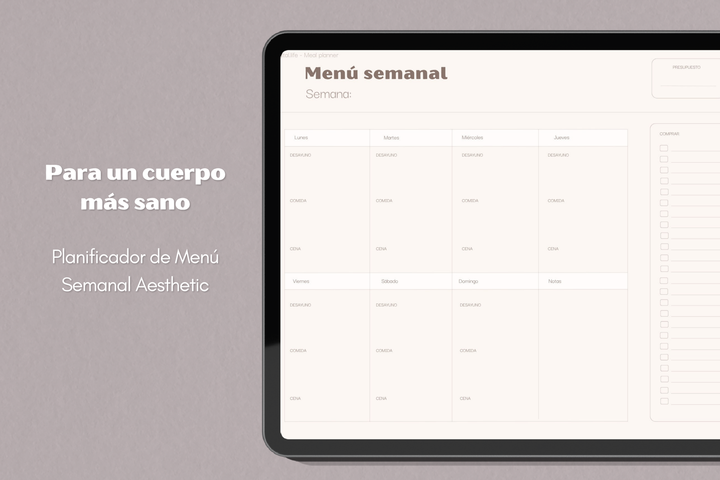 Menú semanal digital aesthetic